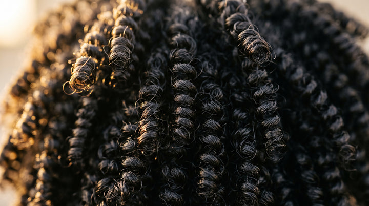 Macro of tightly coiled 4C hair showing the coil diameter and pattern