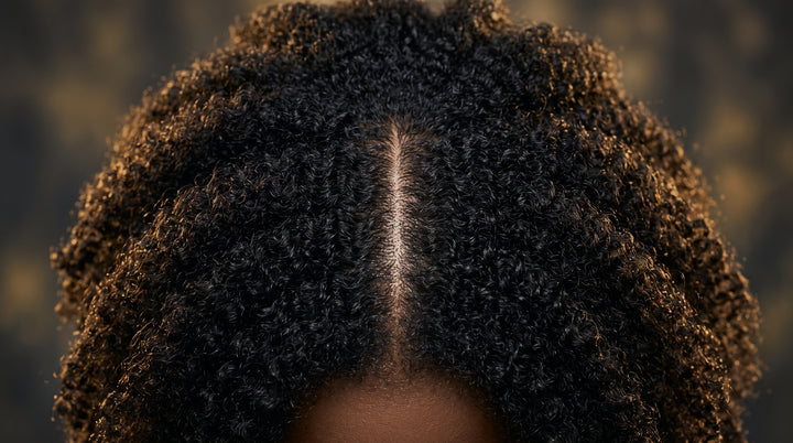 A neat center part through natural 4C coily hair