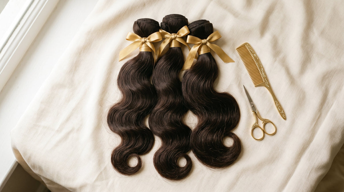 Premium virgin human hair extension bundles with gold ribbon on cream surface