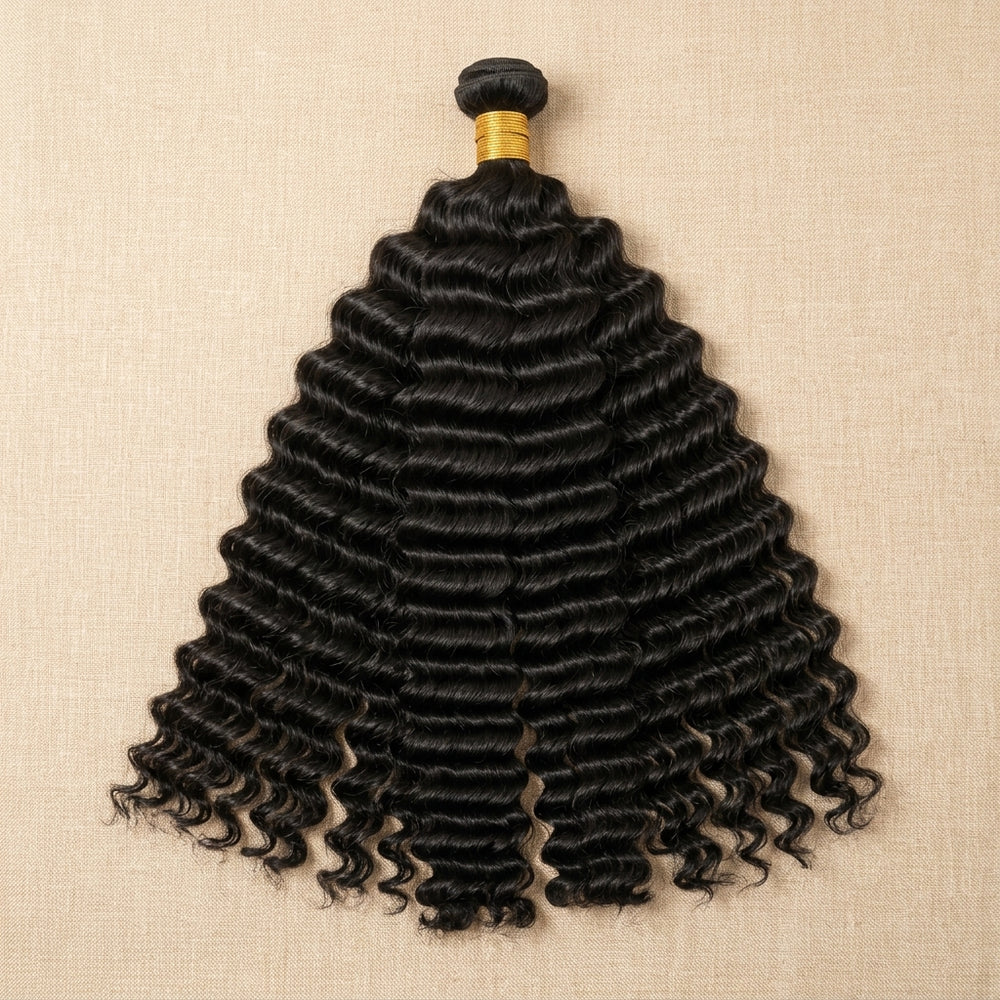 Adéorí Deep Wave virgin hair bundles — 100% human hair flat lay