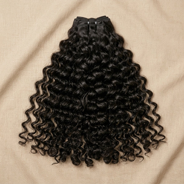 Adéorí Loose Curls virgin hair bundles — 100% human hair flat lay