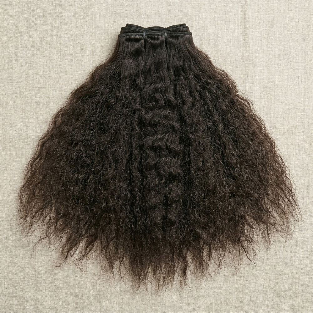 Adéorí Kinky Straight virgin hair bundles — 100% human hair flat lay