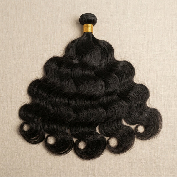 Adéorí Body Wave virgin hair extension bundle flat lay on earthy surface
