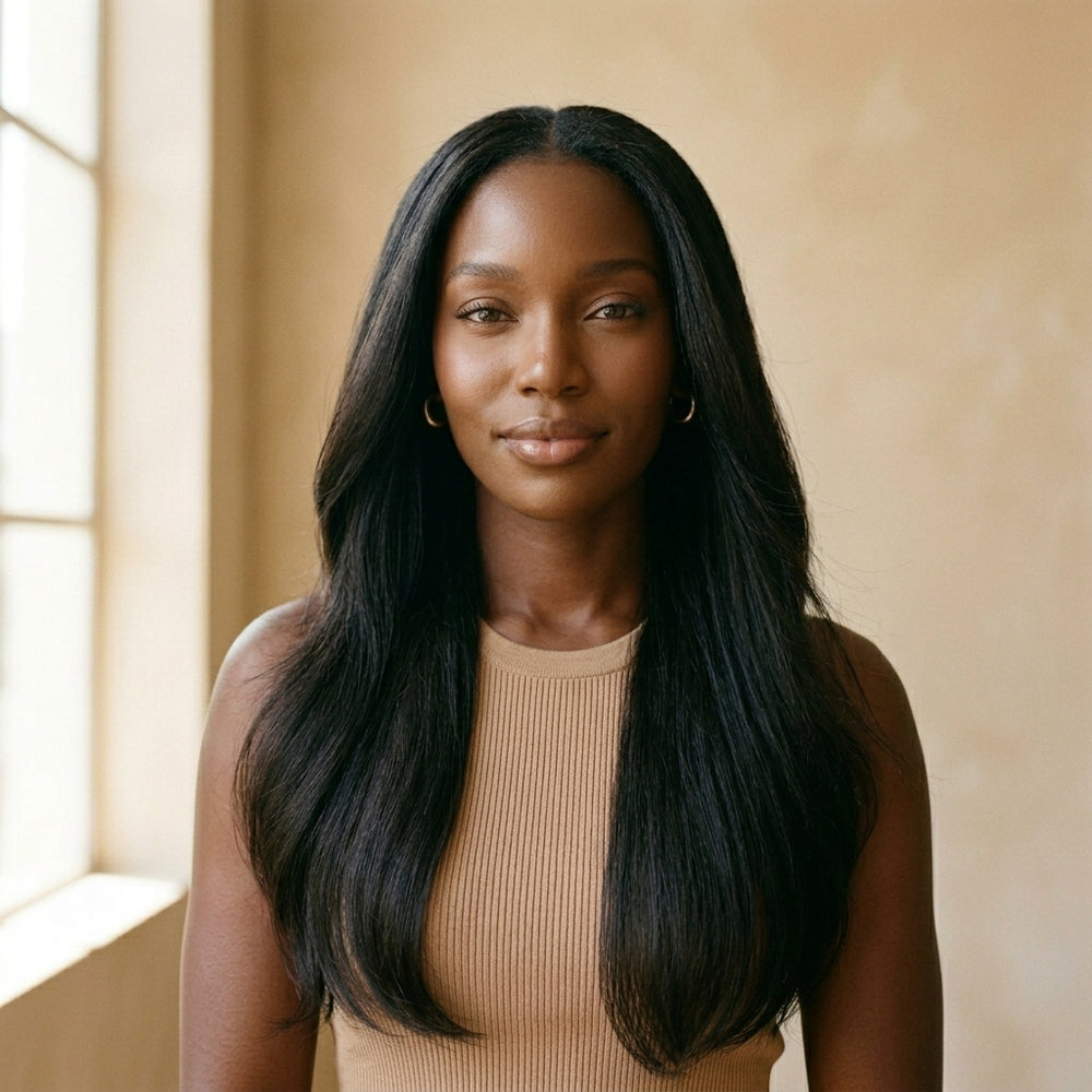 Adéorí Natural Straight virgin hair — full installed look