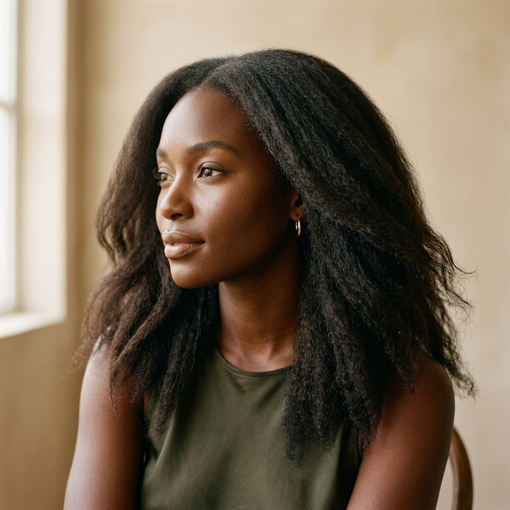 Adéorí Kinky Straight hair extensions styled and worn — natural look