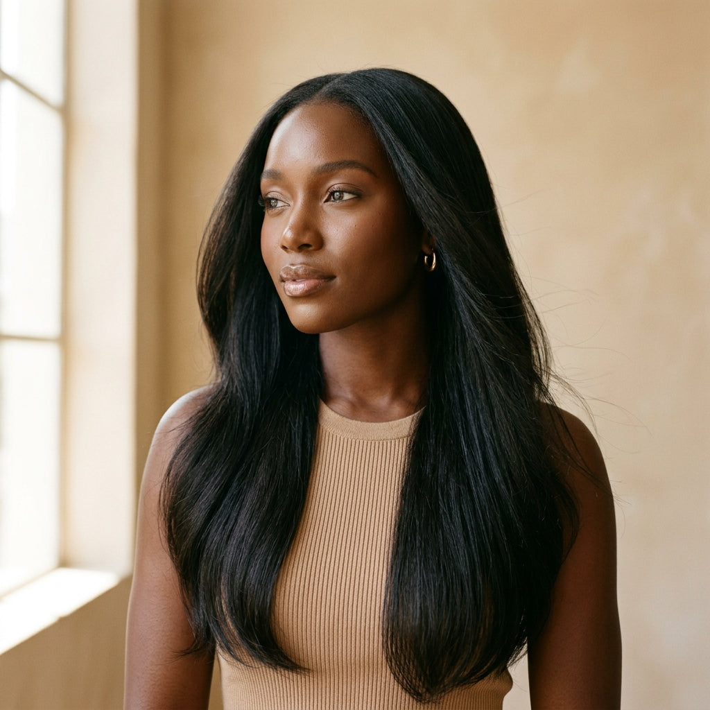 Model wearing natural straight hair extensions