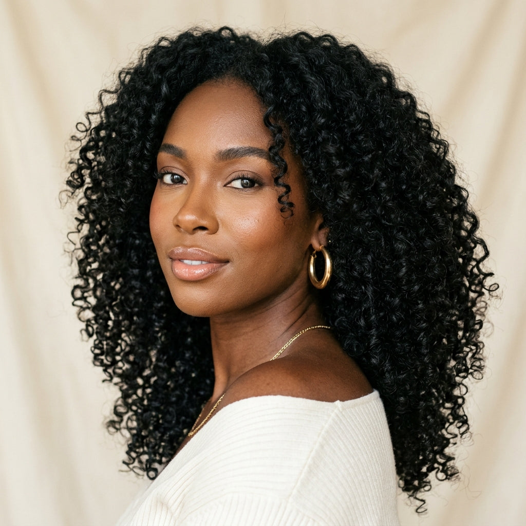 Model wearing burmese curly hair extensions