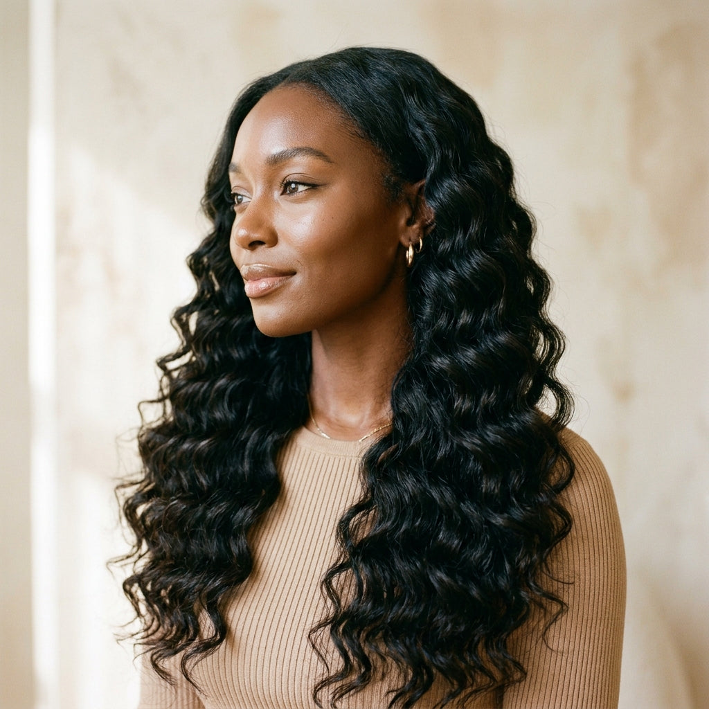 Model wearing deep wave hair extensions