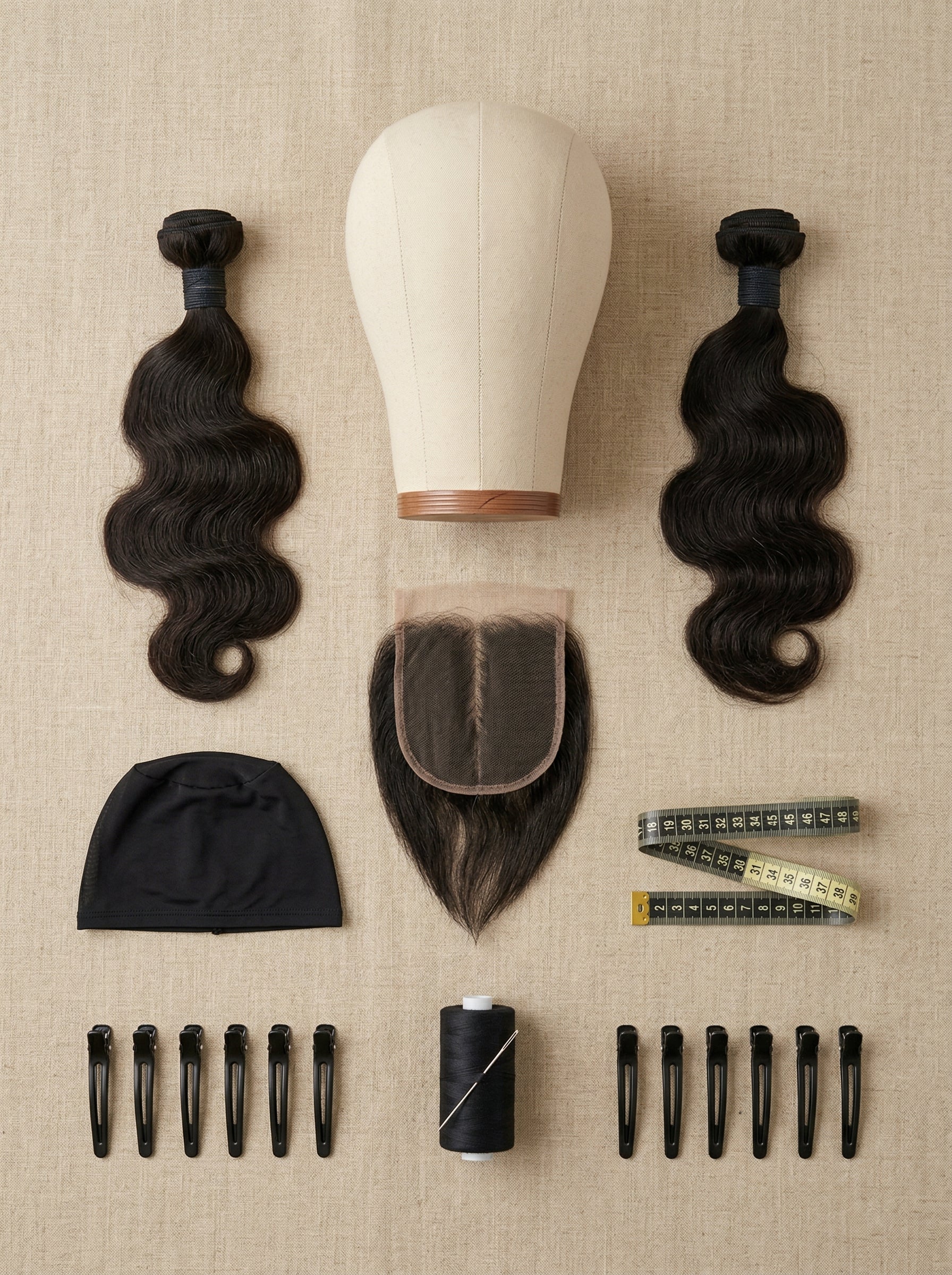 Wig making tools and hair bundles flat lay