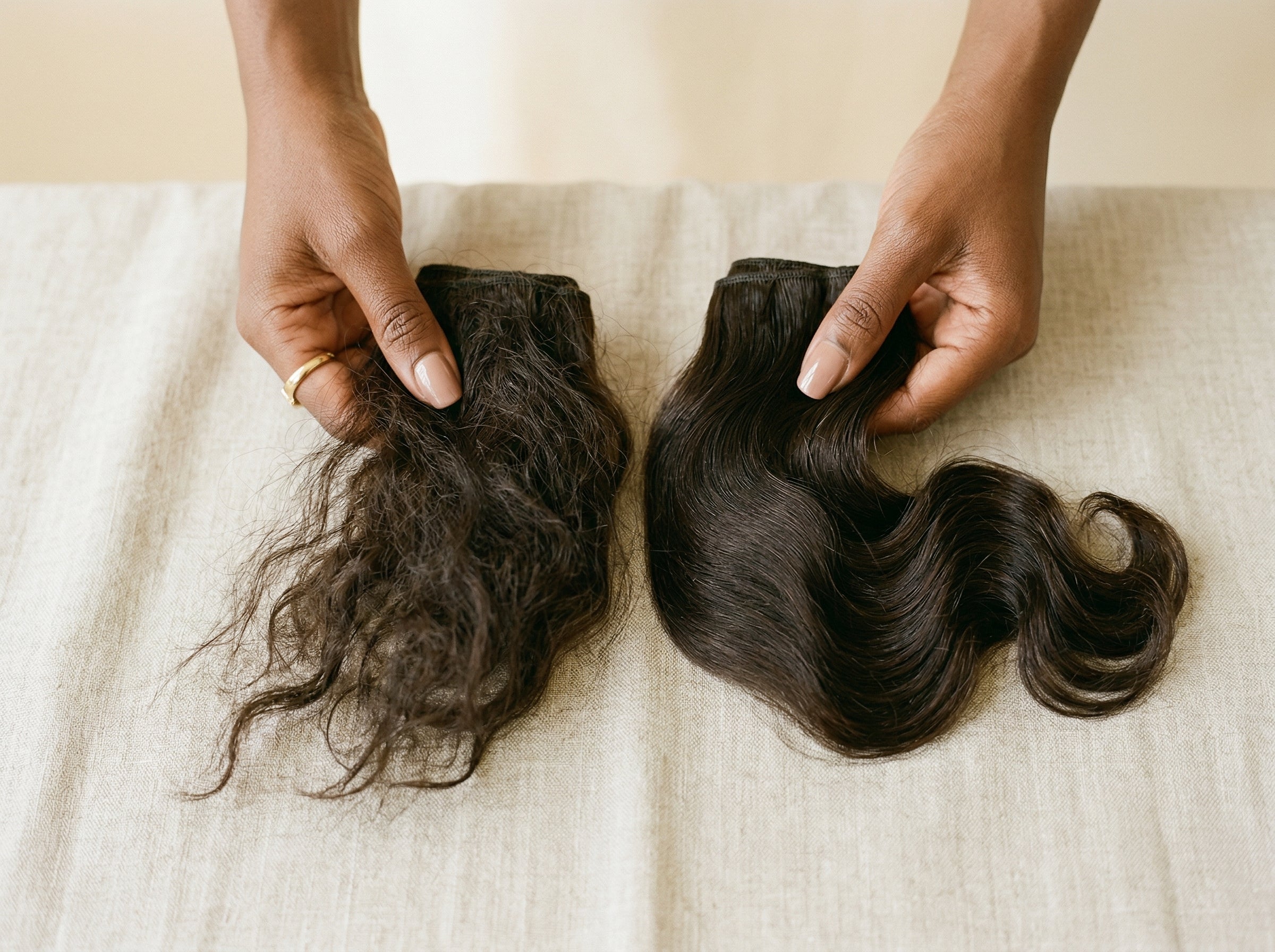 Two hair extension wefts showing the quality gap Adéorí set out to fix